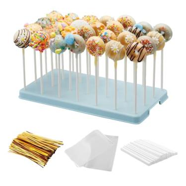 Imagem de TAIHUIMY Suporte de bolo com 28 furos para picolés, suporte de pirulito, suporte de exibição de bolo, suporte de doces com 100 palitos de bolo, 100 sacos de bolo, 100 peças de gravatas douradas (azul)