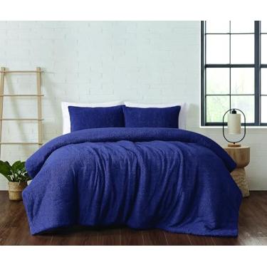 Imagem de Brooklyn Loom Conjunto de edredom casal/queen Marshmallow sherpa azul-marinho 3 peças, tema de cor sólida, certificado Oeko-TEX Confiança
