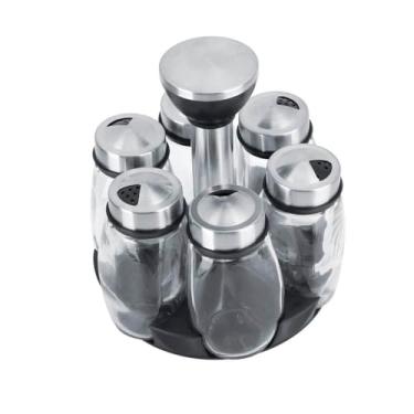 Imagem de Conjunto de Porta Temperos Giratório com 6 Potes de Vidro, Base Preta, Tampa Inox