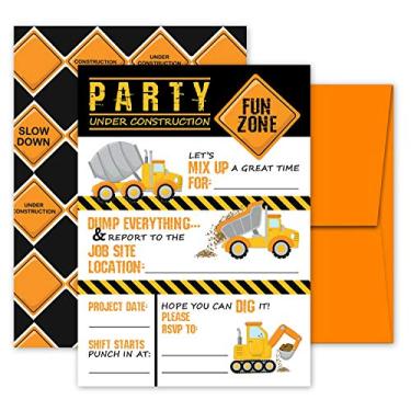 Imagem de Deluxe Construction Dump Truck Birthday Party Invitations for Boys, 20 Double Sided Large 5 x 7 Flat Fill In Invites with Orange Envelopes, Kids Party Supplies
