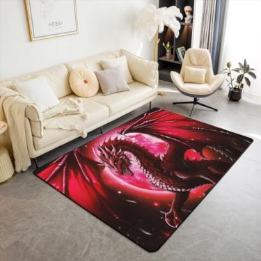 Imagem de Tapete decorativo vermelho dragão tapete, lua brilhante planeta tapetes de sala de estar para meninos homens quarto galáxia estrelada tapete de área de jogos dragão animal selvagem tapete cozinha, 15