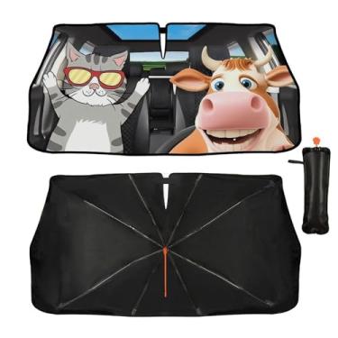 Imagem de Guarda-sol engraçado de gato e vaca para para-brisa de carro para a maioria dos veículos, capa de para-sol dobrável atualizada para carros, raios UV e viseira solar de calor