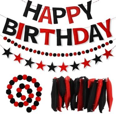 Imagem de Faixa de feliz aniversário pré-amarrada de 3 peças - guirlanda de bola de feltro - guirlanda de feliz aniversário vermelha preta e vermelha decorações de festa de aniversário com faixa de estrela