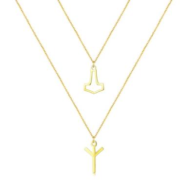 Imagem de 2 peças Mjolnir de martelo de Thor + The Elder Futhark Runes Mjolnir pingente para mulheres viking colar corrente banhado a ouro 18K fé pagã nórdica presentes delicados, 45inch, Metal, Sem Pedra