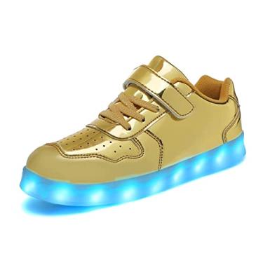 Imagem de Wooowyet Tênis infantil de LED para meninos com cadarço e baixa iluminação LED para meninas recarregável por USB, Dourado, 10 Toddler