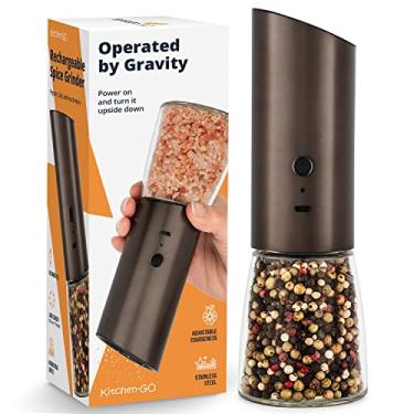 Imagem de Rechargeable Electric Salt or Pepper Grinder, Automatic Gravity Mill with Adjustable Coarseness, Brushed Stainless Steel, Ceramic Blades and Refillable Glass (Bronze grinder - 1 unit)