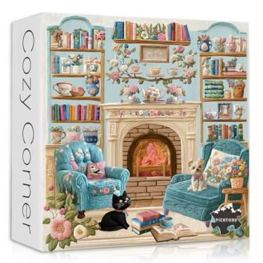 Imagem de PICKFORU Cozy Puzzles for Adults 1000 Pieces, Dog Puppy Cat Jigsaw Puzzle Bookshelf Teacups, Embroidery Aesthetic Puzzle Cabin, Unique Modern Art Jigsaw Challenging