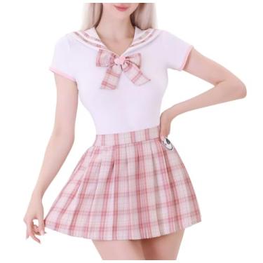 Imagem de Landofgenie Macaquinho de algodão, conjunto de saia xadrez, plus size, cosplay, macacão feminino, rosa, X-Small