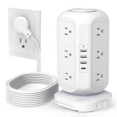 Imagem de Plugue plano com 12 tomadas, 4 USB (1 USB C), estação de carregamento AOFO com proteção contra sobrecarga, várias tomadas amplamente espaçadas, cabo de extensão de 3 m para casa, dormitório,