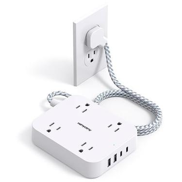 Imagem de Cabo de extensão de plugue plano, filtro de energia de 1,5 m com 4 portas USB (2 USB C), 4 extensores de tomadas, suporte de parede, HN43T