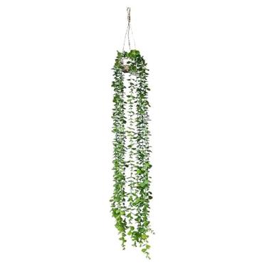 Imagem de ZEKEHOMEDECOR Ornamento de cesta pequena de videira de plantas de plástico artificial para paredes internas, prateleiras, armários, cozinhas, estudos, mesas, salas de estar, cesta de 9,5 cm (folha