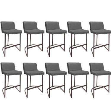 Imagem de Kit 10 Banquetas Com Encosto Confort Bistrô Cozinha Ferro Marrom Corino Cinza - Amey Decor