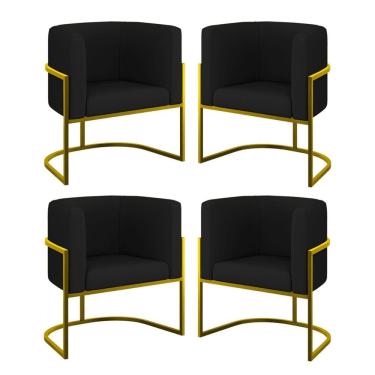 Imagem de Kit 04 Poltronas Lua Sala Decorativa Base Ferro Gold Corino Preto