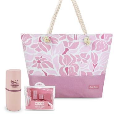 Imagem de Kit Bolsa De Praia Porta Escova De Dente Frascos De Viagem 7 peças Rosa