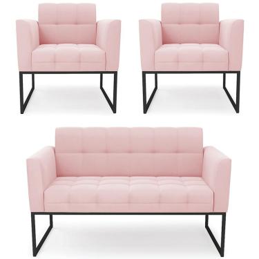 Imagem de Sofá Namoradeira E 2 Poltronas Base Industrial Preto Ana Suede Rosa Bebê - Ibiza