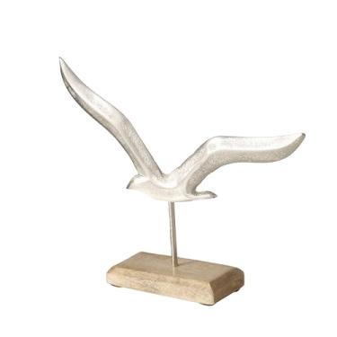 Imagem de WHW Whole House Worlds Estatueta de pássaro costeiro, gaivota, prata brilhante, alumínio fundido à mão, montado no poste, base retangular para galeria, madeira de manga, 23 cm