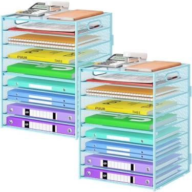 Imagem de Cawukege Organizador de papel de 9 camadas com alça, organizador de mesa de grande capacidade, bandeja de papel de malha, pasta de arquivos, classificador de documentos para sala de aula e organização