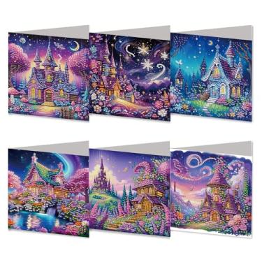 Imagem de MaiYiYi Pacote com 6 cartões comemorativos DIY Castle Diamond Art, Kit de cartões comemorativos com pintura de diamante de castelo dos sonhos, cartões de pintura de diamante de lua para amigos da