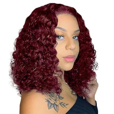 Imagem de Rolisy Peruca De Cabelo Humano Com Fechamento 5×5, Sem Cola, Pré-Depilada, Curta, Cacheada, Ondulada, Parte Central, 99J, Vermelha, Para Mulheres, Renda Frontal, Preta, 35 Cm