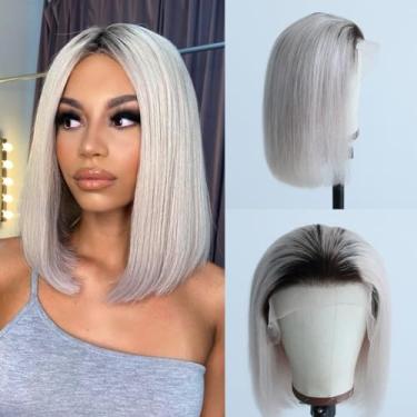 Imagem de Aprilhair Peruca De Renda Frontal Pré-Depilada Ombre Nº 2/60, Loira Platinada Branca, Lisa, Sem Cola, Densidade 130%, Corte Curto, Cabelo Humano Brasileiro Virgem, Cheio E Grosso, Com Repartição Liv