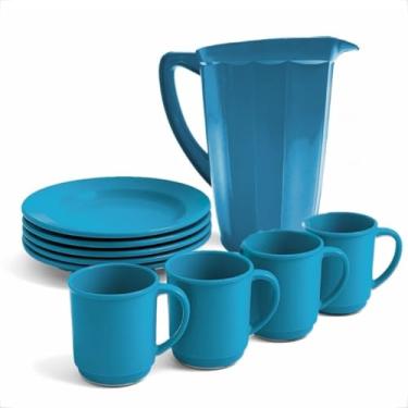 Imagem de Conjunto Plástico 1 Jarra + 4 Pratos e 4 Canecas 400ML Kit Mesa Completo Infantil Livre de BPA (Azul)
