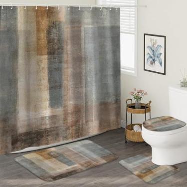 Imagem de Conjunto de 4 peças de cortina de chuveiro, cortina de chuveiro marrom cinza rústica vintage com tapetes e acessórios, com tapetes antiderrapantes, tampa de vaso sanitário e tapete de banheiro para