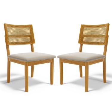 Imagem de Kit Com 2 Cadeiras Aline Madeira Maciça Assentos Estofados Encostos De Tela Palha Sextavada