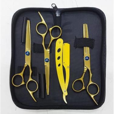 Imagem de Kit Barbeiro Aço Inox Cabeleireiro Tesouras Navalha Pentes Barbearia Corte Masculino Profissional Barbeiro Cabeleireiro Pet (Tesoura Boreal) (Dourado)