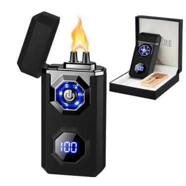 Imagem de SKRFIRE Isqueiro elétrico recarregável de plasma para vela arco tipo C tocha eletrônica à prova de vento portátil isqueiro de metal com visor LED de energia para acampamento, caminhada, churrasco