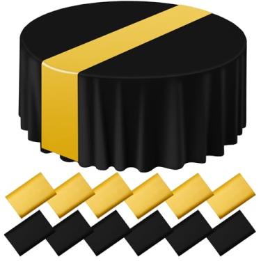Imagem de CACASO Toalha de mesa redonda de plástico com 12 peças e caminho de mesa de cetim, toalhas de mesa de plástico de 213 cm, conjunto de corredores de 30 x 262 cm, toalha de mesa descartável preta e