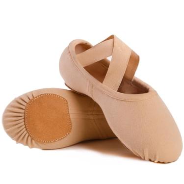 Imagem de Sapatilhas de balé para meninas, sapatilhas de balé de lona elástica para crianças pequenas/grandes, sola de couro dividido, sapatos de bailarina de areia, 1 camada de areia, 12.5-13.5 Narrow Little