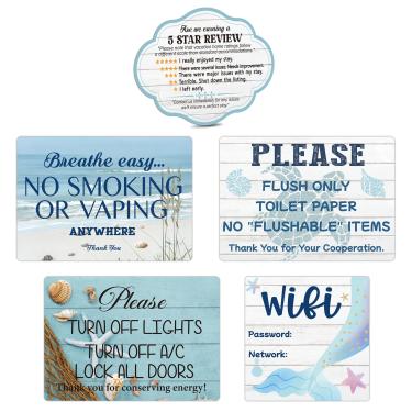 Imagem de Regras essenciais de aluguel de 5 peças para anfitriões, à prova d'água, durável, senha de Wi-Fi fofa, não fumar, não descarregar, desligar luzes e AC, adesivo de sinal de avaliação de estrelas para