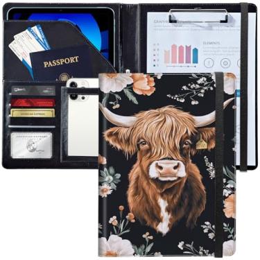 Imagem de Prancheta de pasta/pasta, carteira de couro personalizada com currículo organizador de documentos tamanho carta A4 porta-cartões de visita para homens e mulheres, vaca floral fofa