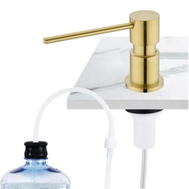 Imagem de Dispensador de sabão embutido em ouro escovado para bancada de pia de cozinha, bico longo de cabeça de bomba de latão sólido com kit de tubo de extensão de 120 cm e frasco de loção de material PET