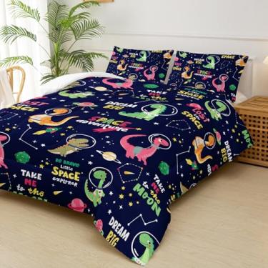 Imagem de lneffble Conjunto de edredom solteiro, dinossauros no espaço, para meninos, dinossauros, com 1 edredom e 2 fronhas