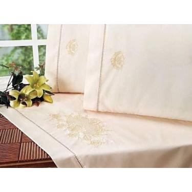 Imagem de Jogo Lençol Casal Bordado Crivo 4 Peças 100% Algodão 200 Fios Ponto Pa