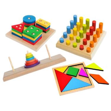 Imagem de Kit 4 Brinquedos TORRE DE HANÓI + PINOS DE ENCAIXE + TANGRAM + FORMAS GEOMÉTRICAS - Educativos