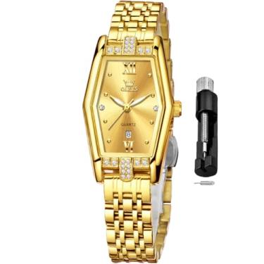 Imagem de OLEVS Relógio feminino quadrado, analógico, pequeno, feminino, aço inoxidável, à prova d'água, luminoso, dois tons, conjunto moderno para senhora, relógio dourado feminino, relógio feminino