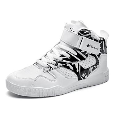 Imagem de FZUU Tênis masculino fashion de couro de cano alto tênis de rua esportivo casual, White/Black, 8.5