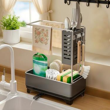 Imagem de Suporte de esponja para pia de cozinha, organizador de pia de 2 camadas com orifícios de drenagem e ganchos, comporta pano de prato, esponja e escovas, armazenamento de bancada de cozinha para novos