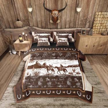 Imagem de Feelyou Conjunto de edredom asteca ocidental casal, 7 peças, conjunto de cama de cavalo, caubói, rústico, decoração ocidental, campo, velho oeste, cama em uma bolsa, marrom e branco, conjunto de