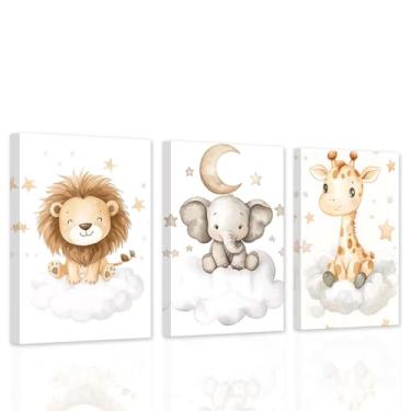 Imagem de DOARTDO Arte de parede em tela de animais de berçário, imagens de animais de bebê, 3 peças, linda estampa de girafa de elefante e leão, moldura de decoração de quarto infantil (40,6 x 61 x 3 peças)