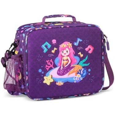 Imagem de rockpapa Lancheira infantil para crianças com alça, impermeável, resistente a manchas e óleo, lancheira isolada, sacola reutilizável para lancheira, garrafa de água e lanches para escola (sereia roxa)