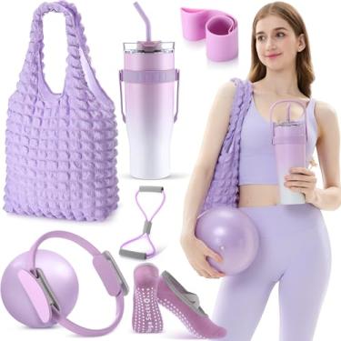 Imagem de Poen Kit de 7 peças essenciais de anel de pilates para mulheres, conjunto de equipamentos de treino em casa com círculo de Pilates de 29,84 cm para iniciantes (roxo)