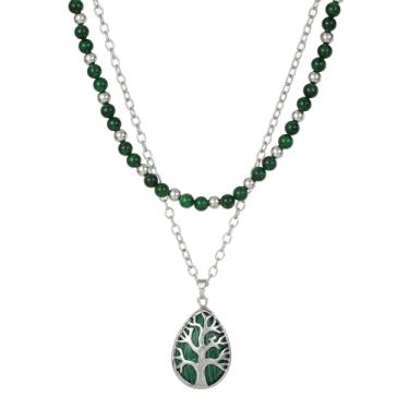 Imagem de Jules D. Colar com pingente de árvore da vida de pedra criada, boêmio, feito à mão, várias camadas, semipedras preciosas, para mulheres, boêmio, estilo ocidental, joias para mãe, Standard, Prata Prata