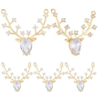 Imagem de Beebeecraft 1 caixa com 10 berloques de veado banhado a ouro 18 K com chifre de rena e rena banhado a ouro 18 K com elos de conector de 2 furos para fazer joias, colar faça você mesmo
