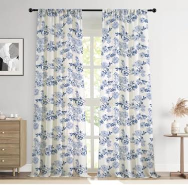 Imagem de Cortinas florais azuis Farmhouse 246 cm de comprimento de linho, filtro de luz, cortina de janela francesa para sala de estar, quarto, bolso de haste, cortinas com estampa de flores, 2 painéis, AA4