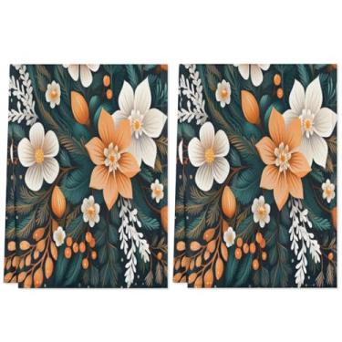 Imagem de Conjunto de 2 toalhas de cozinha reutilizáveis com arranjo de vegetação floral, panos de prato absorventes de poliéster com laço para pendurar, panos de prato decorativos laváveis para limpeza de