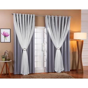 Imagem de Cortina Voil Forro Blackout Tecido 4,00X2,70 Cinza/Branco