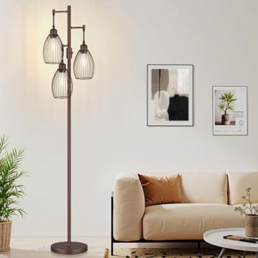 Imagem de Nintiue Luminária de chão regulável, lâmpadas LED de 3 x 800 LM incluídas, luminária de chão industrial de fazenda com cabeça de gaiola de lágrima lâmpada alta para sala de estar, quarto, escritório